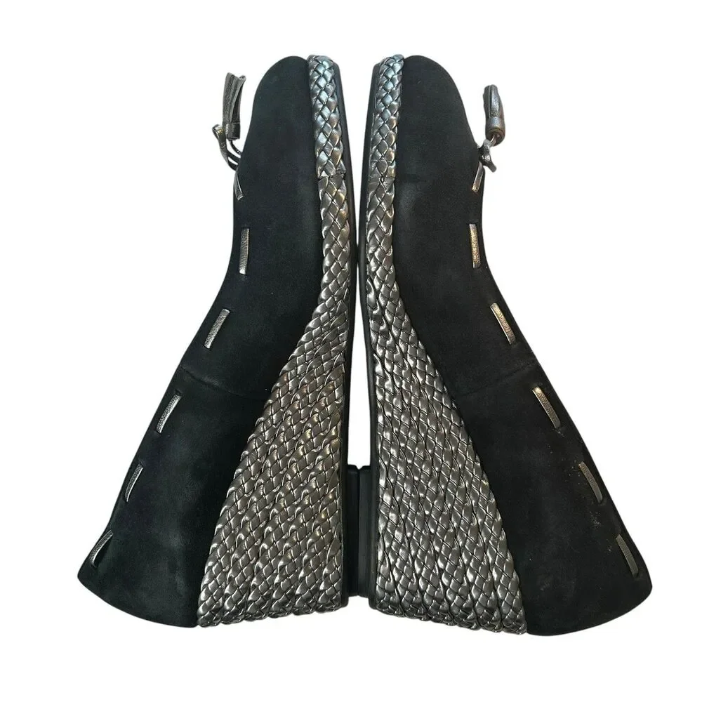 Lauren Ralph Lauren Black Suede Espadrille Wedge Size 7B Cambree Silver Metallic